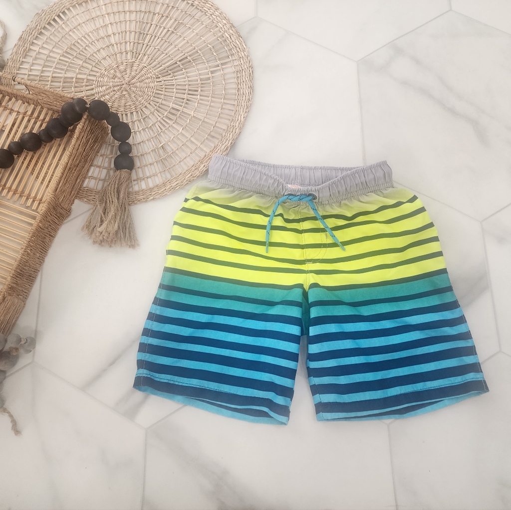 [ Winder Nation] Boys Size 6-7 Blues/Green/Yellow Ombre Striped Swim Trunks
